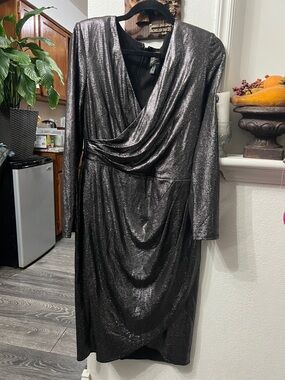 Adrianna Papell Metallic Black Long-Sleeve Draped Sheath Dress